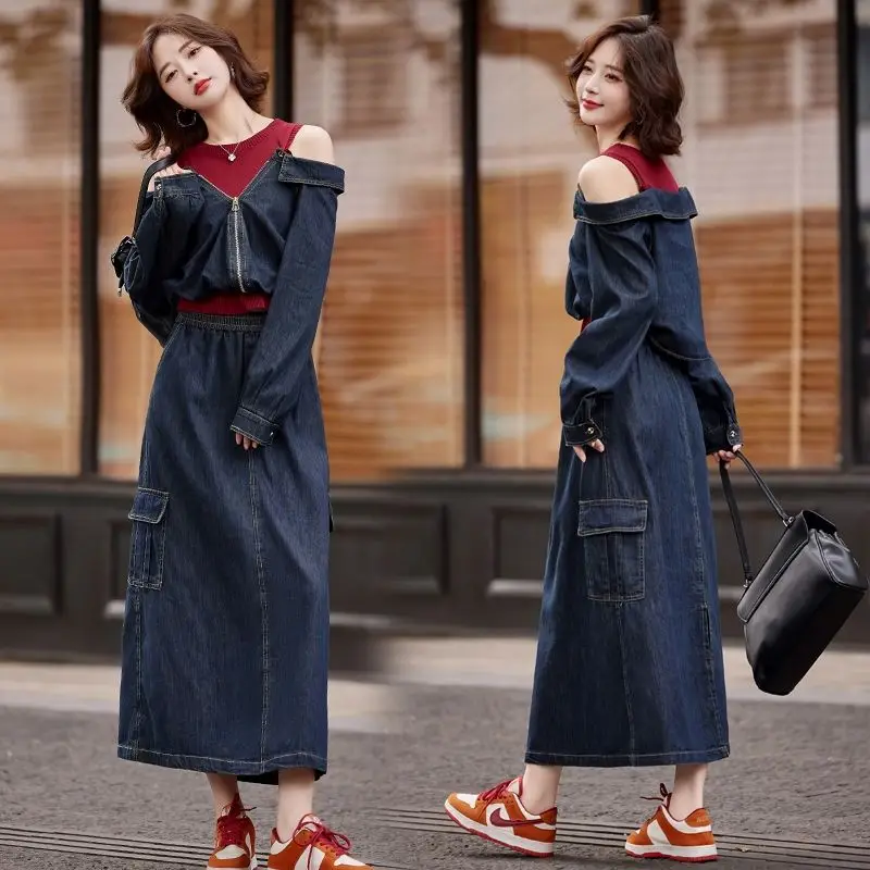 

Весенний новый джинсовый комплект из двух предметов для женщин: топ с открытыми плечами и контрастными цветами + юбка с высокой талией на резинке