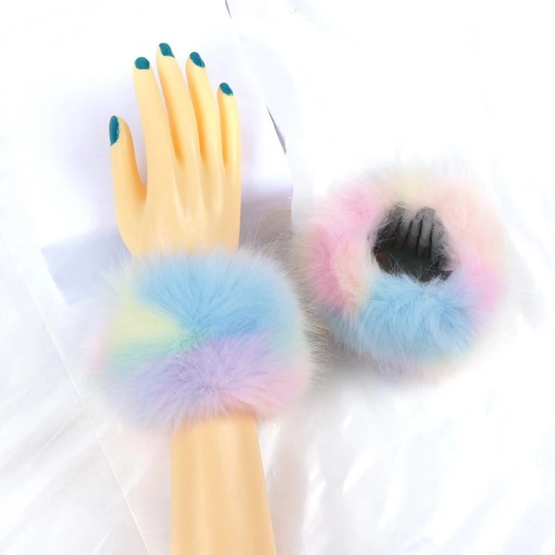 Q5WE Women Winter Furry Wrist Cuffs Rainbow Colorful Arm Warmers Bands Wristband Bracelet Fake Sleeves Party Costume
