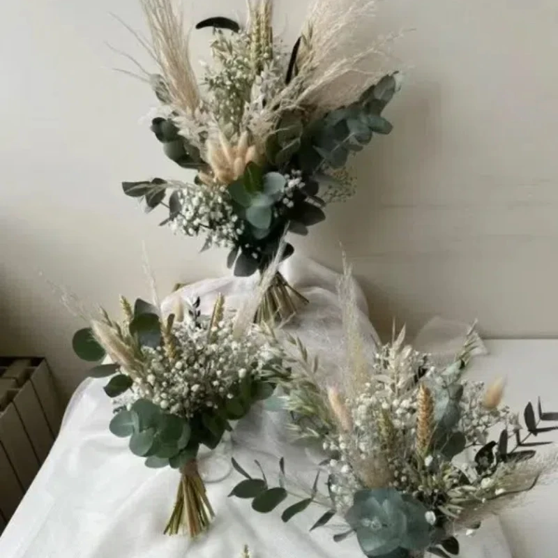 Small Eucalyptus Baby's Breath Bride Bouquets Real Dried Wedding Dried Flower Bridesmaid Flower Girl Decoration DIY Boutonniere