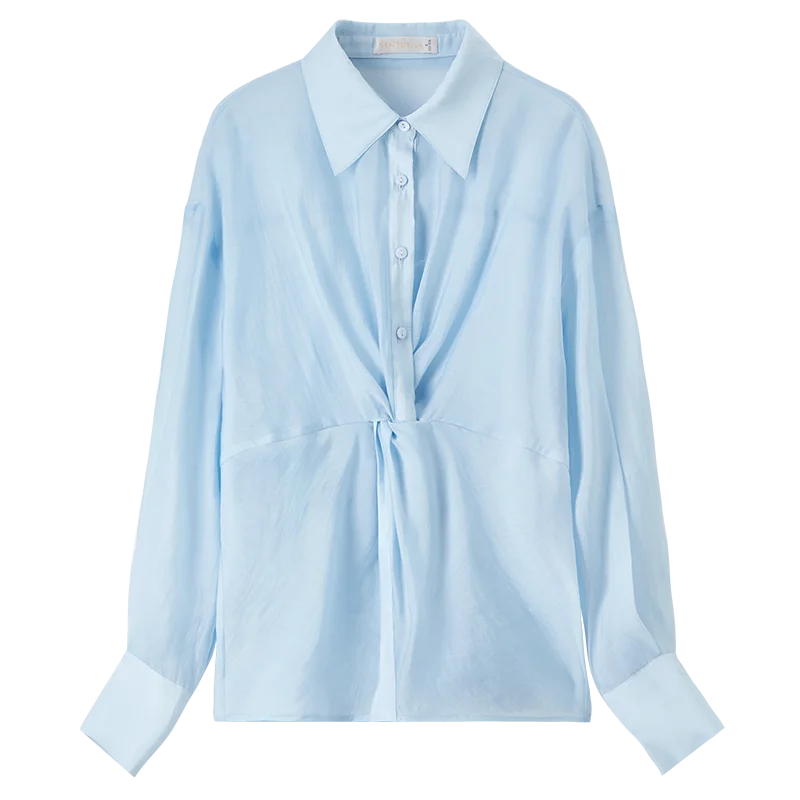 SENTUBILA Spring Women's Blouses Fashion Commute Slim Lyocell Turn Down Collar Folds Lace-up Waist Pullover Tops 2025 151C58066