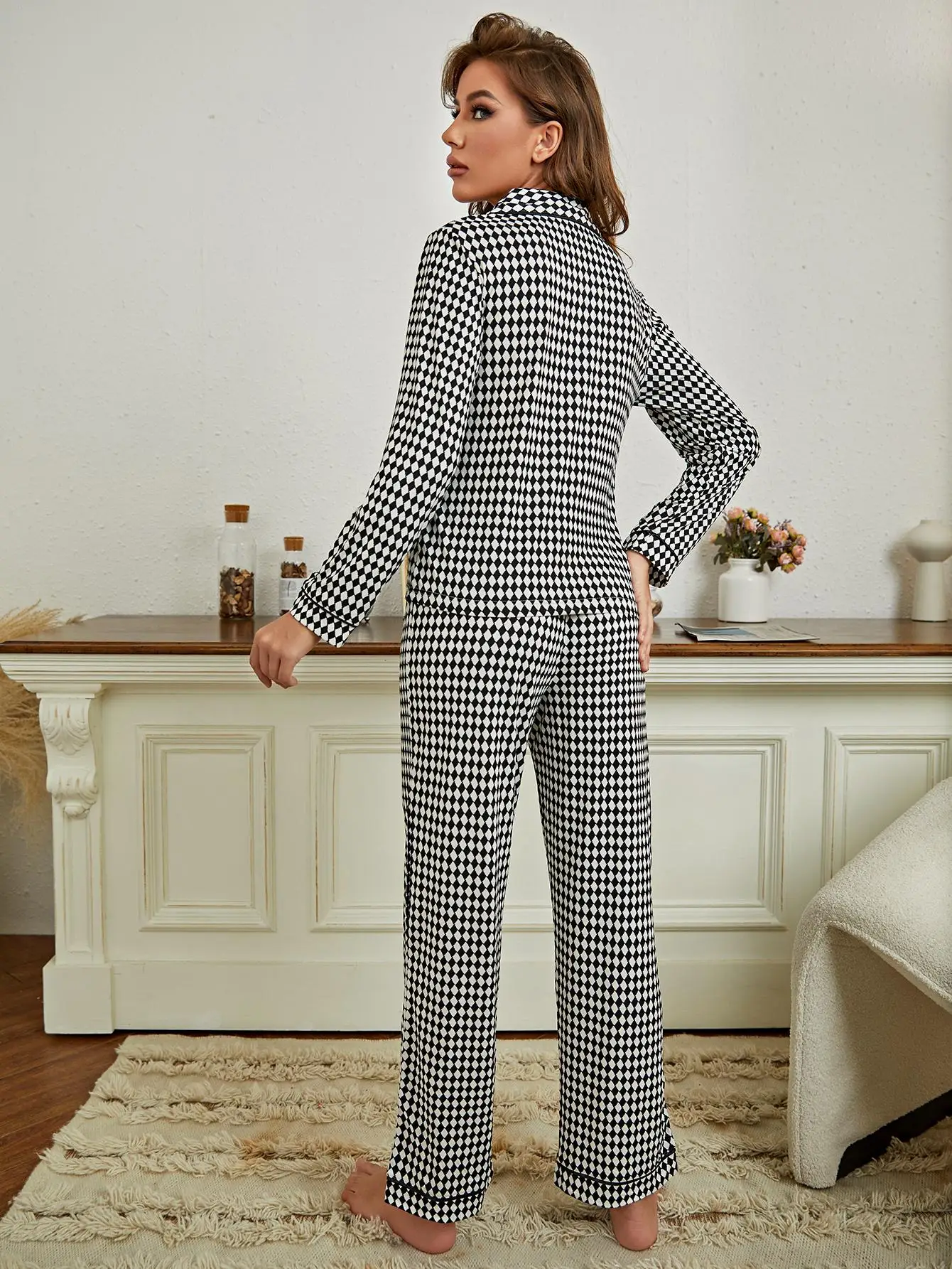 Plaid Women\'s Pajama Set Front Button Notched Collar Top & Long Pants Sleepwear 2 Pieces Nightwear Female Casual Homewear Cloth