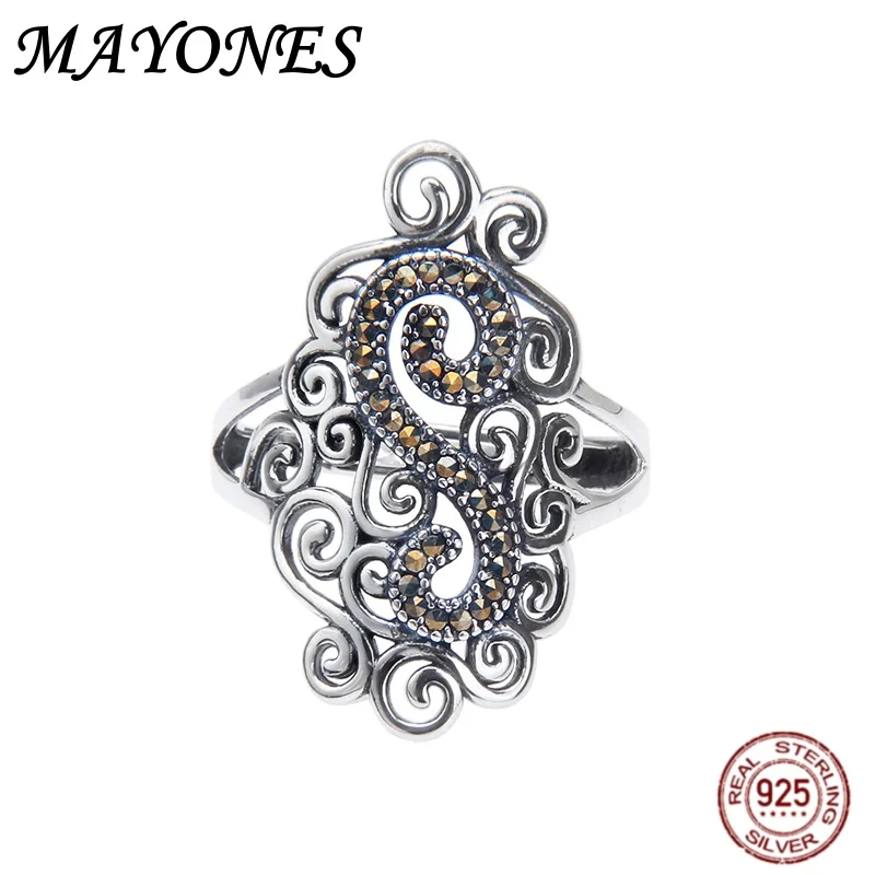 

Real 990 Foot Silver Vine Grass Pattern Hollow Out Maxeux Diamond Ring Retro Bohemian Style Exaggerated Jewelry
