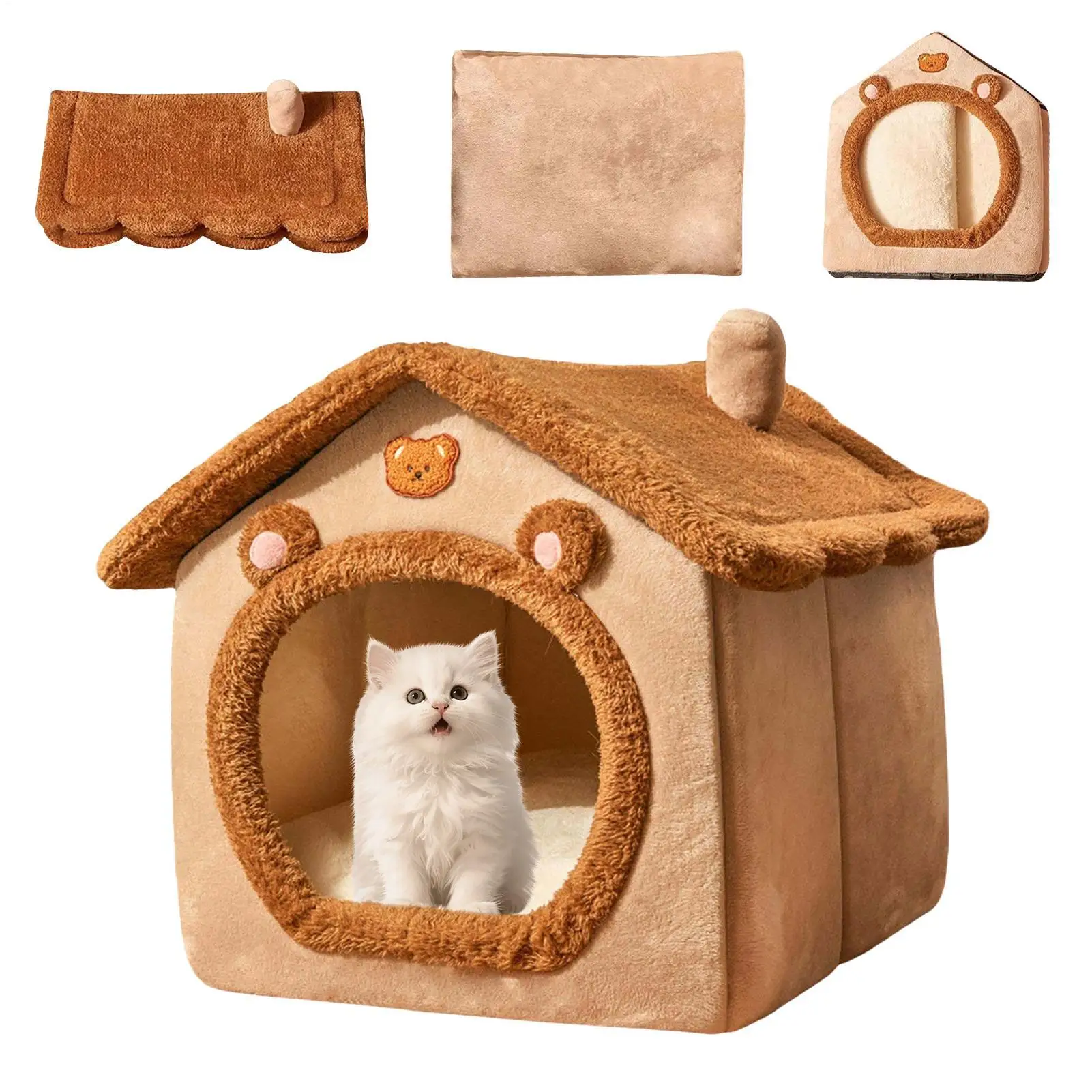 Katzenhaus, süßes Plüsch-Winter-warmes Haustierhaus, abnehmbar, waschbar, geschlossener Winter-Rest-Unterschlupf für kleine Tiere, Hunde, Hase, Katzen, Bett