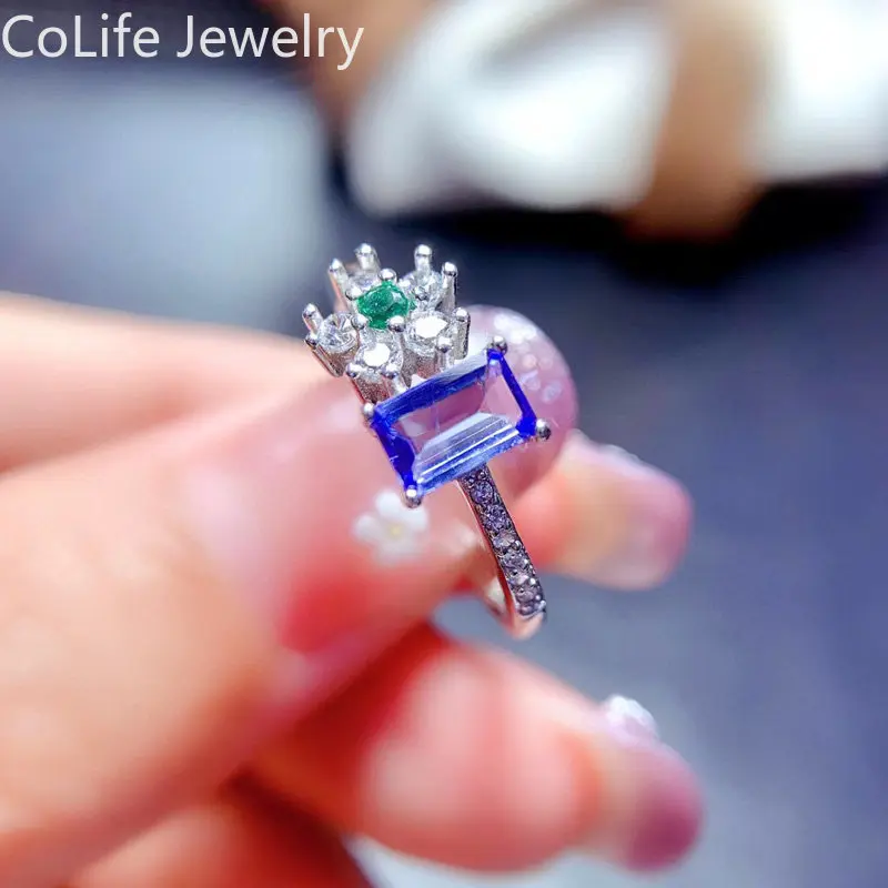 

4mm*6mm 0.6ct Natural Tanzanite Ring for Engagement Solid 925 Silver Tanzanite Ring with 3 Layers 18K Gold Plating