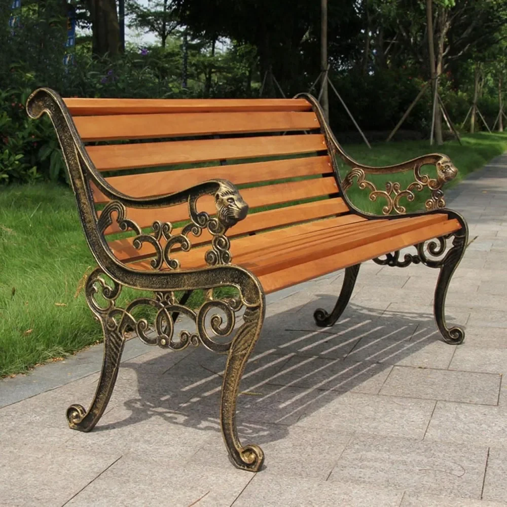 for Solid Wood Garden Park Bench, Patio Lawn Bench Porch Seat with Rust Resistant Cast Iron Frame, Slatted Seat