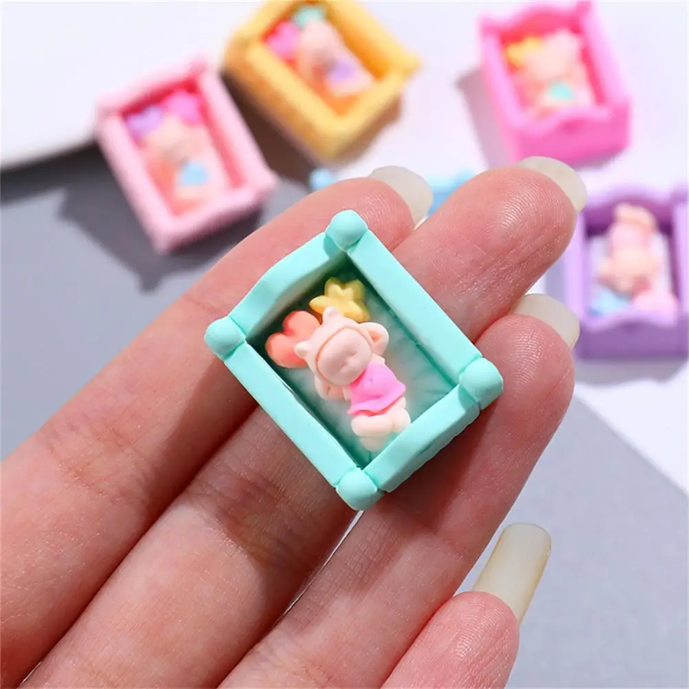 Practical  Miniature Baby Bed Portable Doll House Ornament Baby Doll Crib Cartoon Mini Miniature Crib Kid Toy