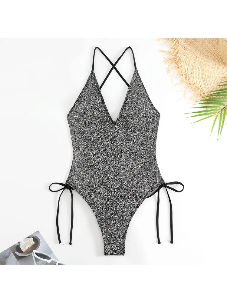 2025 neue Sexy Frauen Shiny Glitter V-ausschnitt Kreuz Zurück Ein Stück Bikini Badeanzug Sommer Strand Badeanzug traje de baño de mujer