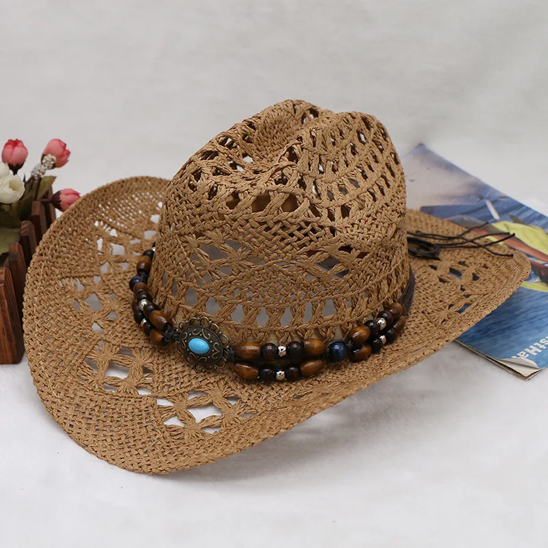 Straw Hat  Women Men Summer Handmade  Vintage Hollow Western  brim Sun Protection Fisherman Mountaineering Bohemian Chain Jewel