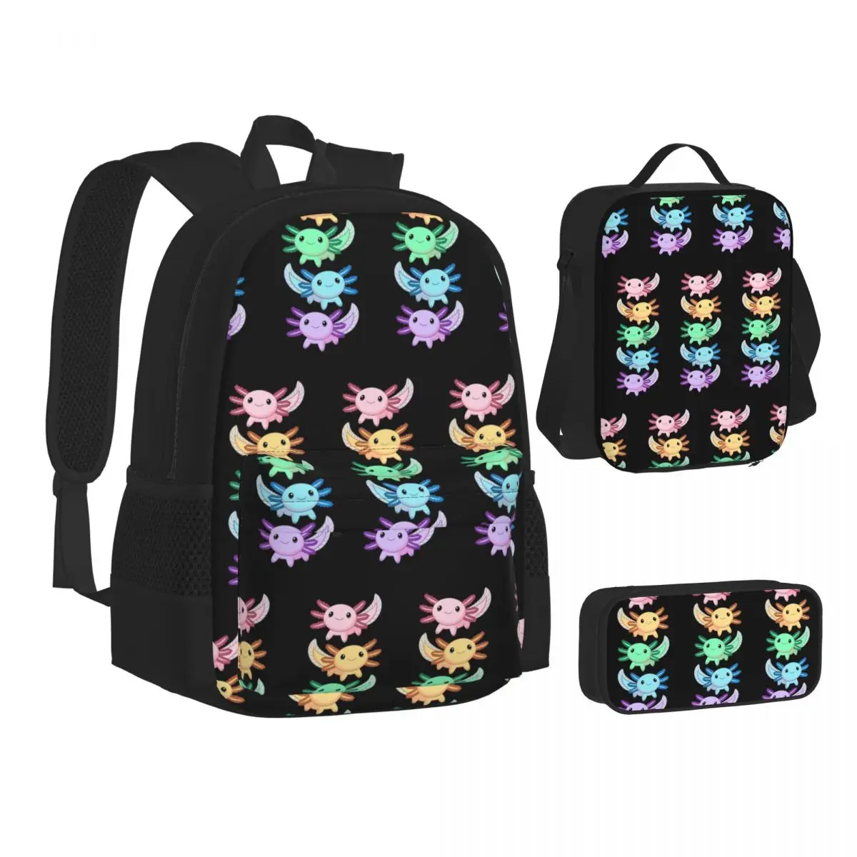 

Rainbow Axolotl Backpacks Boys Girls Bookbag Children School Bags Kids Rucksack Lunch Bag Pen Bag Three-Piece Set