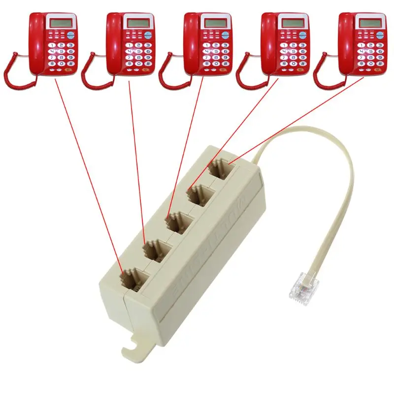 DX62 Beige Color 5 Way Outlet 6P4C RJ11 Telephone Phone Modular Jack Line Splitter Adapter 1-in-5-out