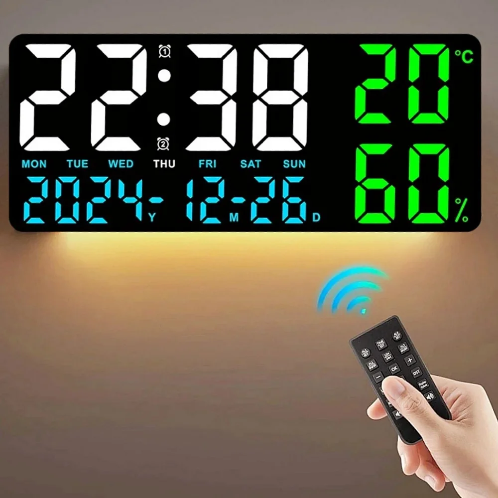 Large Digital Wall Clock with Remote Control 7 Clors Mood Light Dual Alarm Timing Countdown 12/24H Auto Dimmable LED Alarm Clock