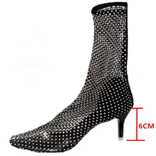 Fine Heel Pointed Head Rhine-drill Cold Boots High Heel Elastic Fishnet Socks Boots Hollowed Out in 2024 New Women\'s Shoes