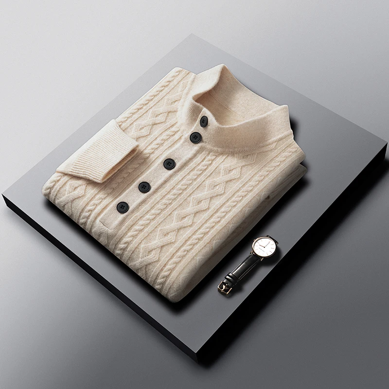 

Real 100% Sheep Wool Jumper for Men Autumn Winter Buttons Cashmere Wool Sweater Long Sleeve Warm Knitting Clothes Pullover Tops