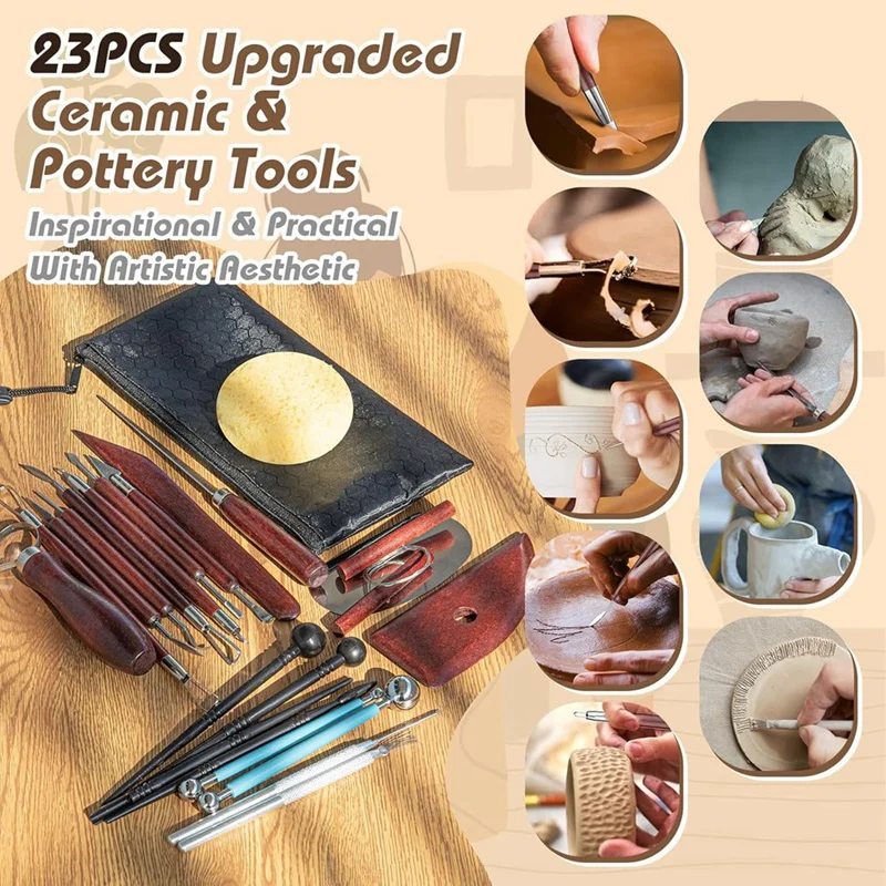 engraving set Clay Sculpting Tools, Basic Clay Pottery Carving Tool Kit with Wooden Handles and Tool Bag for Carving, Molding