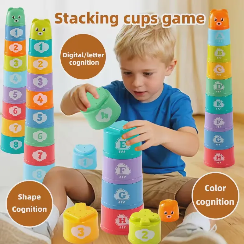 Stacking Game Cup Children Board Game Hand Speed Competition Fold Cup with Numbers Letters Shapes Early Education Puzzle Toy