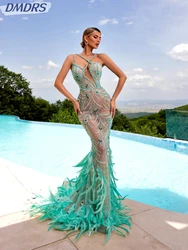 Luxury Beaded Feathers Evening Dress Sexy Illusion Mermaid Long Prom Gown 2025 Shiny Rhinestones Cocktail Dresses Customized