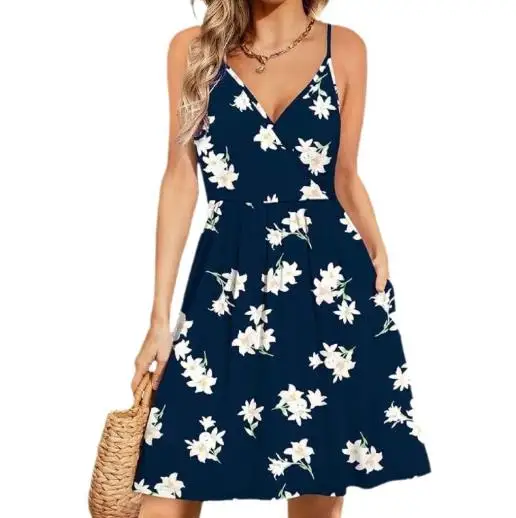 Summer Dress Woman 2025 V-Neck Casual Beach Flowing Mini Dress for Women Elegant Casual Floral Print High Waist Suspender Dress