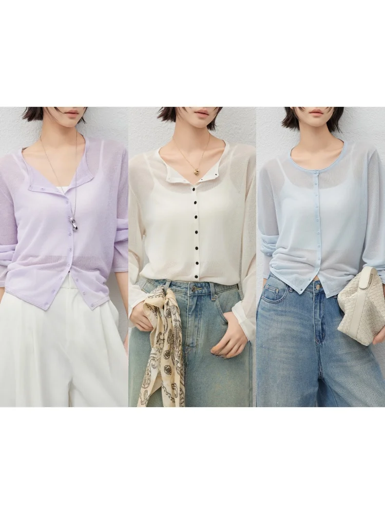 

MeiYang Шелковый льняной открытый кардиган, длинный све, круглый, полупрозрачный, 30, зубной, свободный крой, деталь на пуговицах