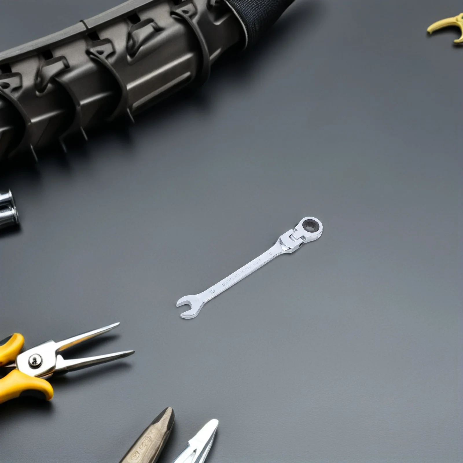 

Flexible Head Ratchet Combination 10mm Wrench Spanner Vanadium Steel Alloy Hard Durable for Home Factory Use Silver