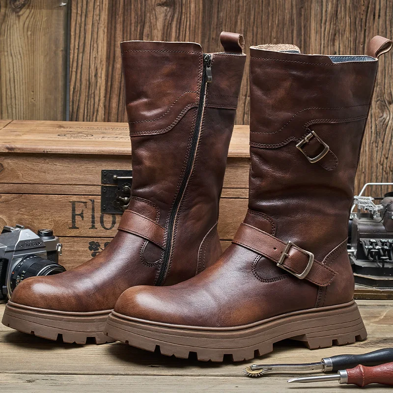 Euro Size 38-44 New Men\'s Winter Mid-calf Buckle Belt Leather Knight Boots Cool Shoes Young Man