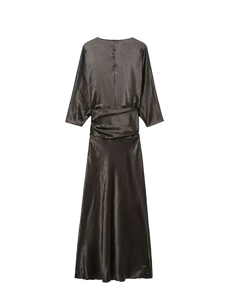 NLZGMSJ Satin Geraffte Lange Kleider für Frauen Langarm V-ausschnitt Kleid Frau Gebunden Party Damen Kleider Casual Weibliche Midi Kleid