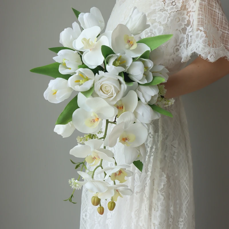 Outdoor shooting simulated water drop waterfall bouquet wedding high-end fake flower Phalaenopsis tulip rose bouquet