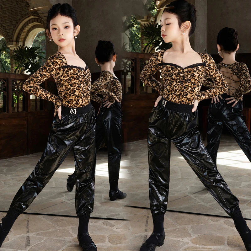 

Красивый черный леопардовый топ, черные брюки для девочек, костюмы для латинских танцев чача, детская одежда для бальных танцев, костюмы SL14631