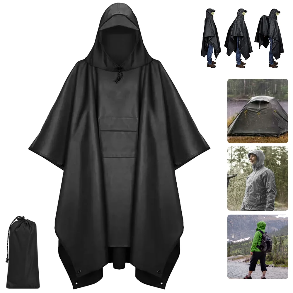 Chubasquero impermeable de emergencia para exteriores, chubasquero negro 3 en 1, manga con capucha, Poncho impermeable para lluvia, cubierta para lluvia para motocicleta, Camping