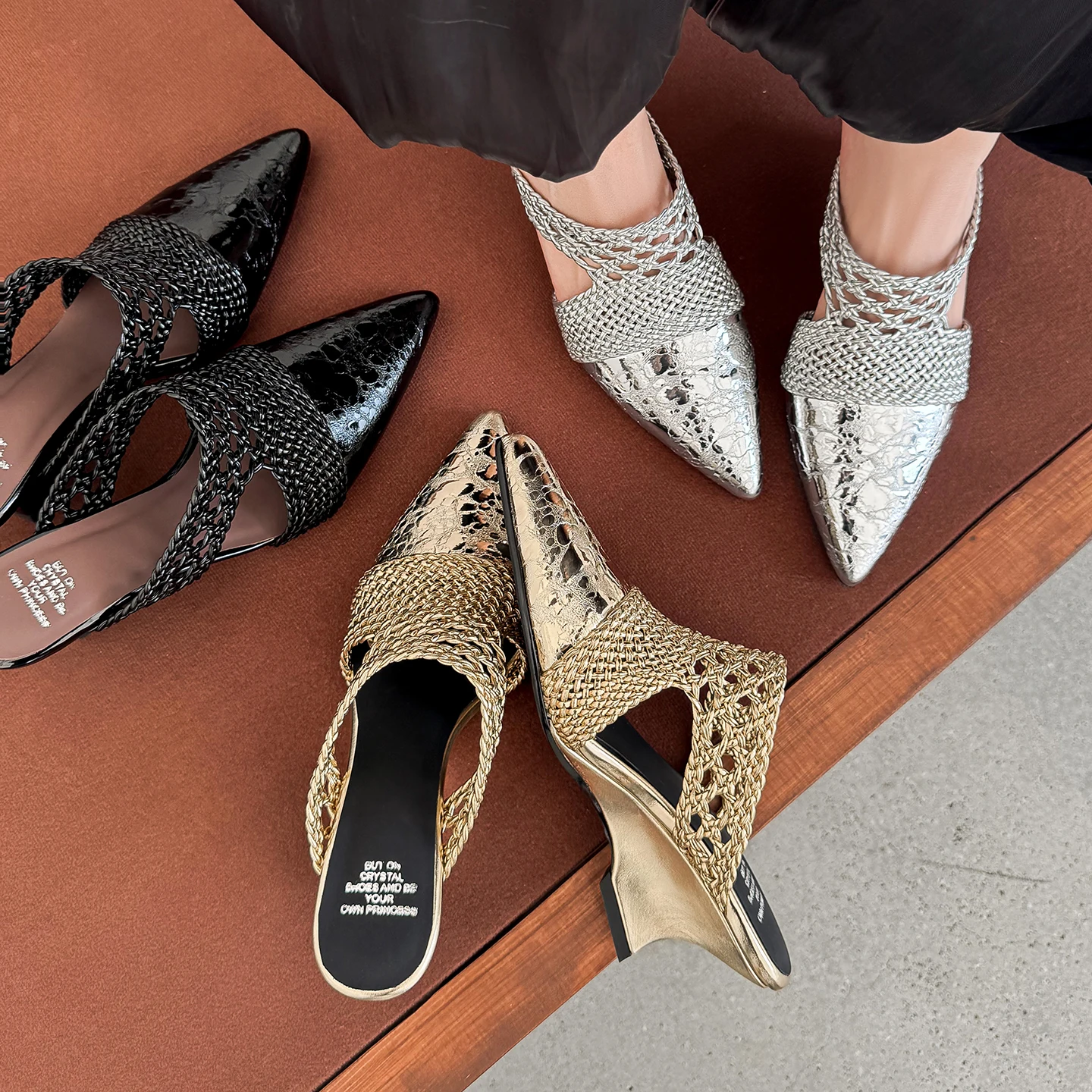 2026 new summer women sandals natural leather 22-25cm weave mesh+ cowhide+sheepskin pointed toe mules high heel women slippers