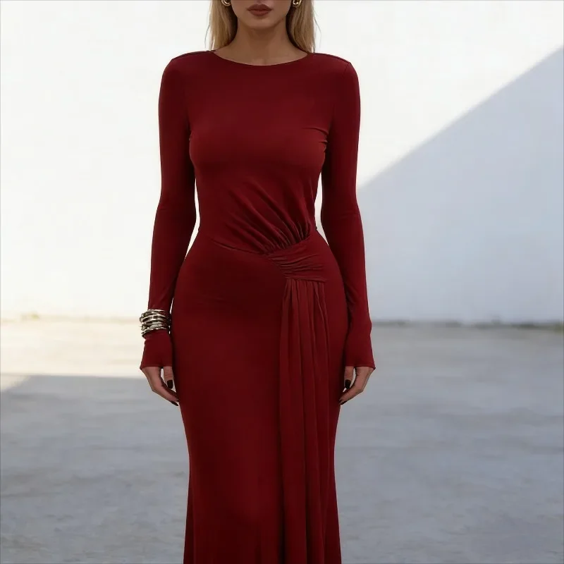เดรสยาวสีแดงเซ็กซี่ คอทรงโอ เปิดหลัง สำหรับผู้หญิง ดีไซน์หรูหราเข้ารูปช่วงเอว แขนยาว สไตล์ลำลอง เหมาะสำหรับงานปาร์ตี้