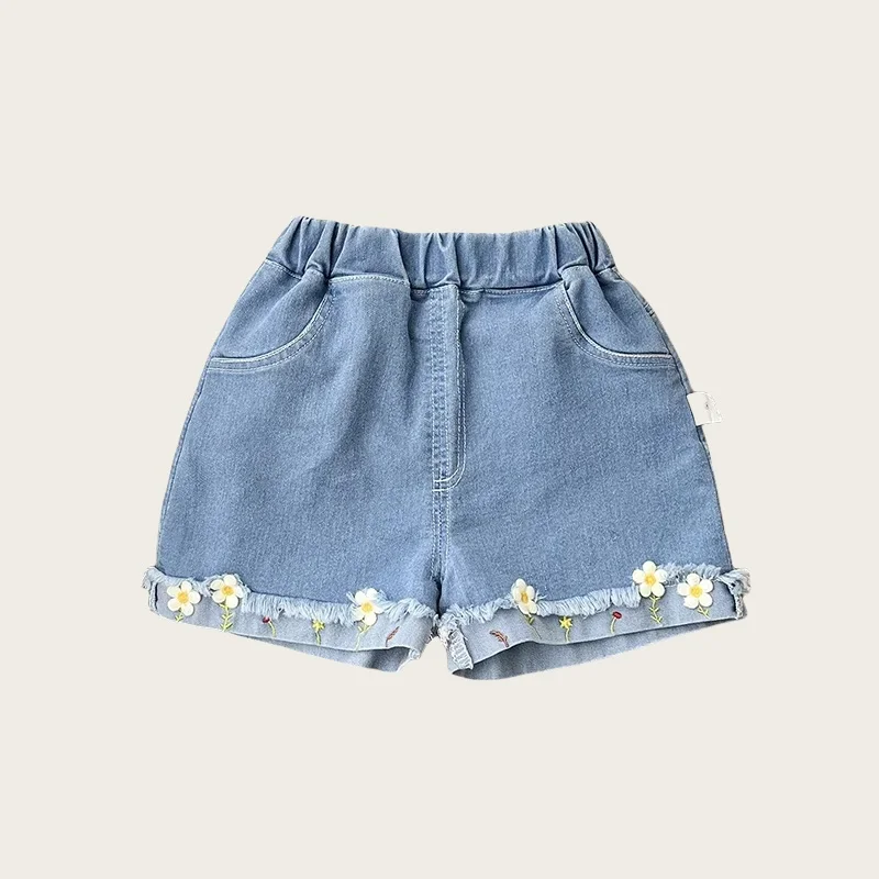 1-6Y Korean Style Kid's Shorts Summer Brief Jeans Girls Flower Embroidery Denim Loose Girl's Shorts