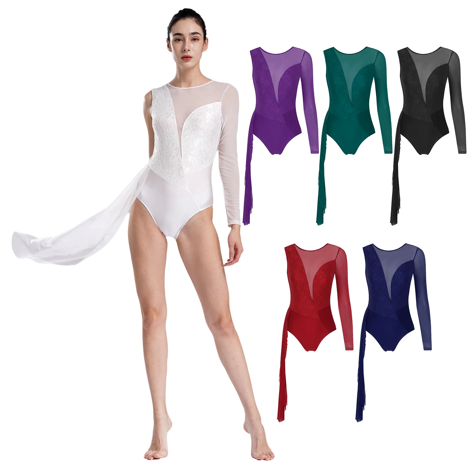 Womens Ballet Gymnastics Leotard Sheer Mesh Long Sleeve Floral Lace Deep V Back Bodysuit Figure Skating Performance Competition