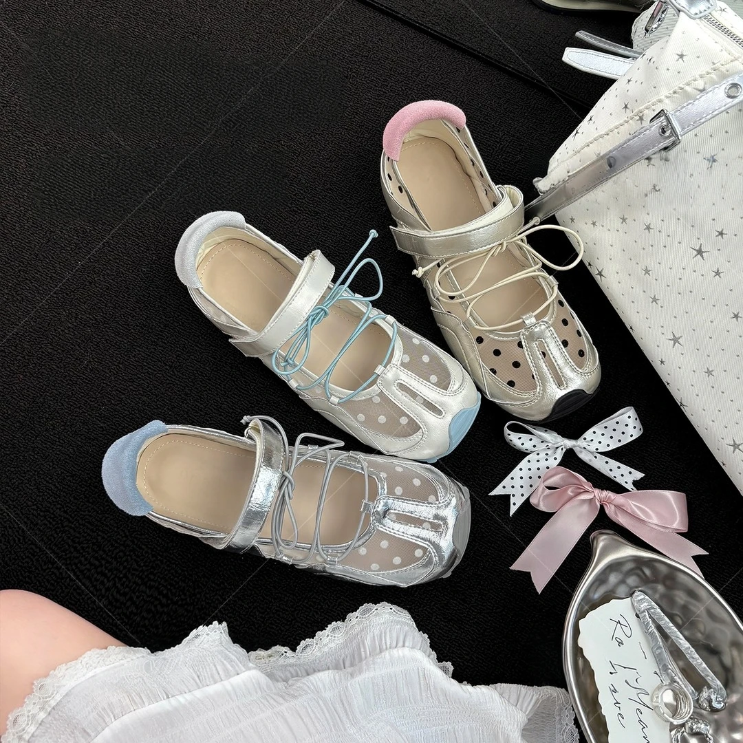 silver-polka-dot-ballet-mesh-breathable-mary-jane-single-shoes-women's-sandals-casual-dequn-shoes-summer-new-style-low-top