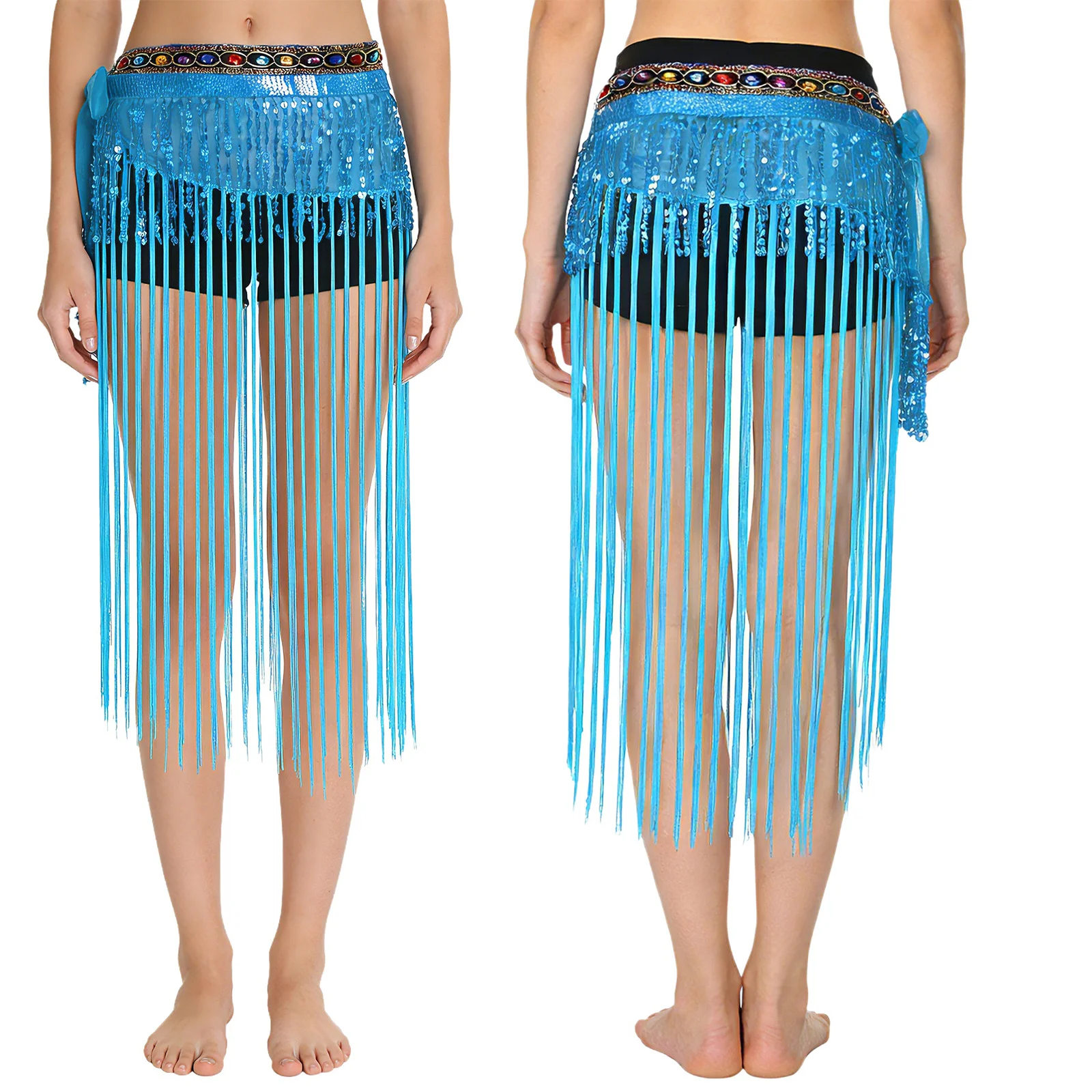 ผ้าคาดเอวเต้นระบำหน้าท้องสำหรับผู้หญิง ประดับพู่หลากสีสัน พร้อมเพชรประดับ สายคาดเอวแบบหลายชั้น ประดับเลื่อมและพู่ห้อย