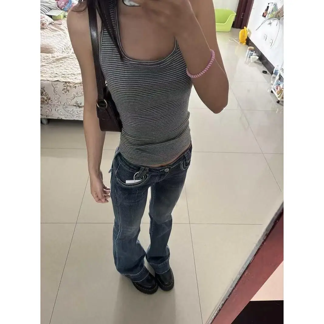 

Ultra-Low Waist Flared Denim Jeans Women's Slimming Design Early Aosphere Wide Leg Pants Asymmetrical Cotton Polyester