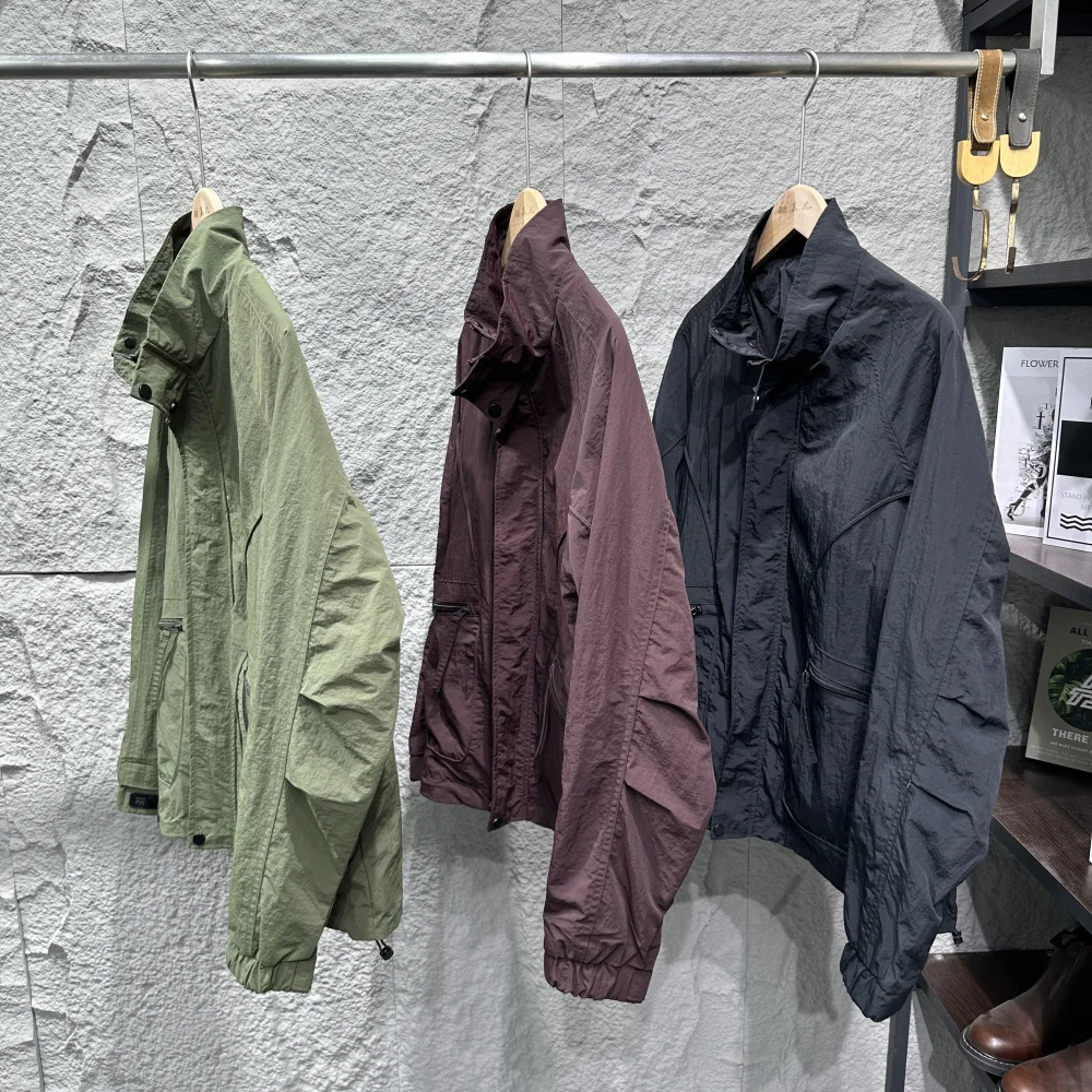 Metallic Nylon Men's Jacket Stand Collar Three-Proof Workwear Vintage Style Coat Durable Fashionable Zipper Decorated Male Ou...