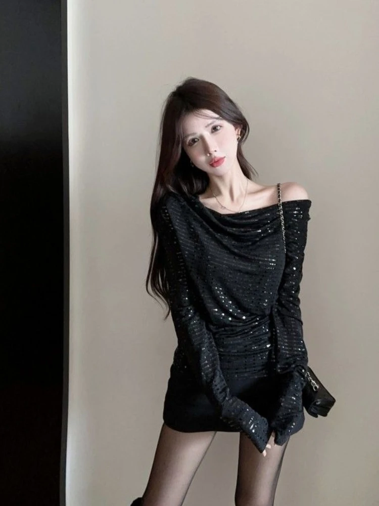 

Уникальная модная женская футболка с длинным рукавом, американский дизайн, декор из пайеток, драпированный вырез горловины, облегающий силуэт, эффект стройности, двойное использование, новинка осень-зима