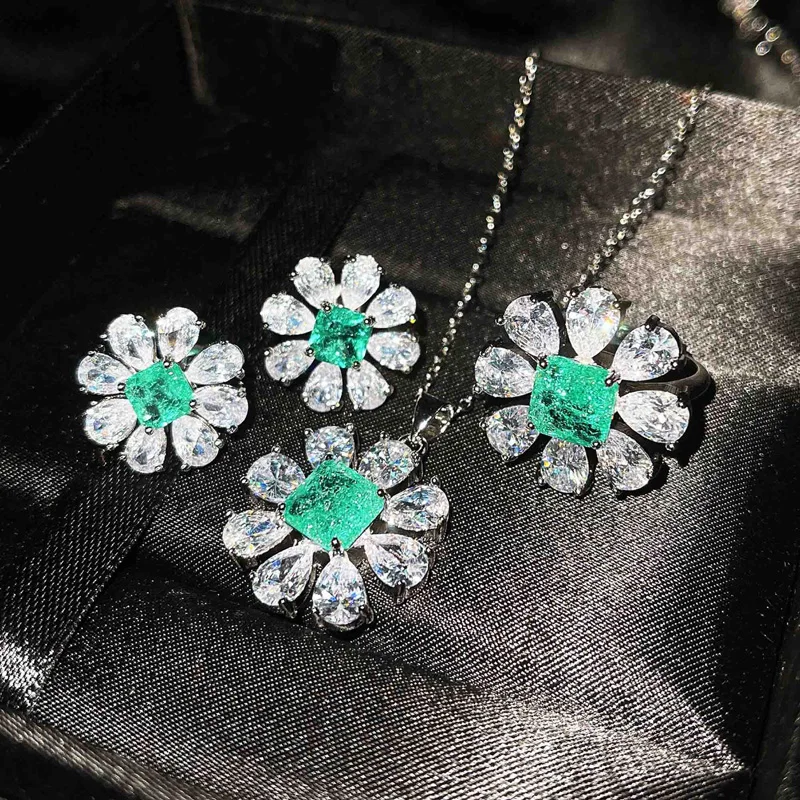 New Fashion Crystal Blue Sun Flower Pendant Necklaces Rings 925 Sterling Silver Earrings Jewelry Set For Women Anniversary Gifts