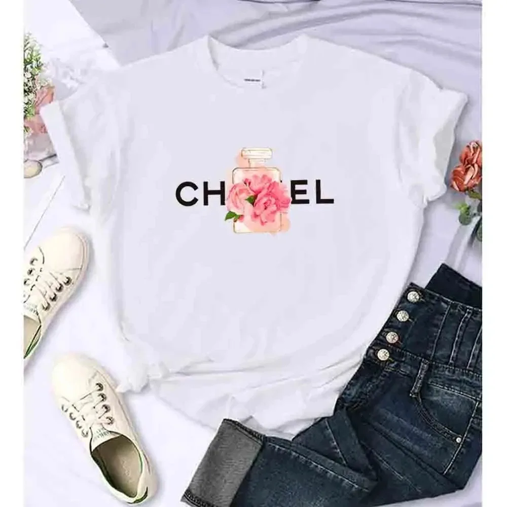 Classic Brand Alphabet Flowers Perfume Print Graphic Women T Shirt Blouse Summer Cotton Fashion   Tees Short Sleeve Tops Clothes