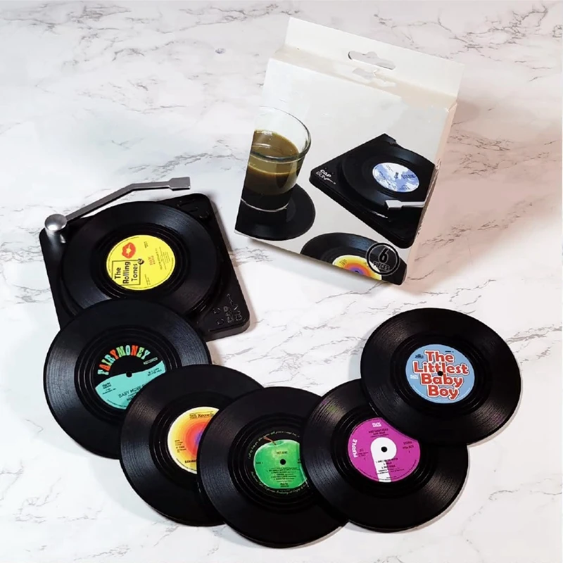 Vintage CD Coasters Set Of 6 Vinyl Records For Housewarming Hostess Gifts Style 1