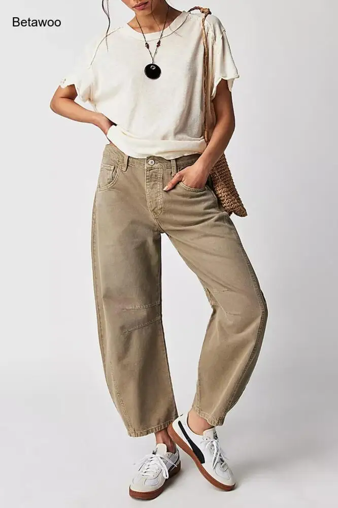 

Khaki Barrel Leg Jeans High Waist Loose Fit Casual Cropped Denim Trousers