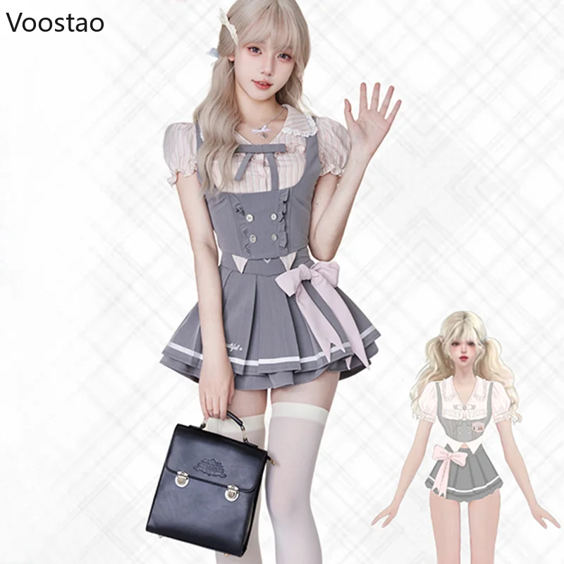 Japanische kawaii lolita Stil Rock Set Frauen adrette Stil Puff ärmel gestreifte Hemd Weste Mini Falten röcke Anzug süße Uniform