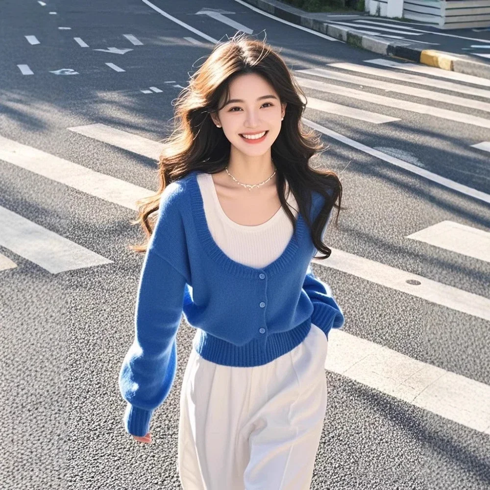 Ladies Blue Fashion Chic Fake Two-piece Knitted Cardigan Sweater Women's Autumn New Korean Style Temperament Elegant Tops Coat