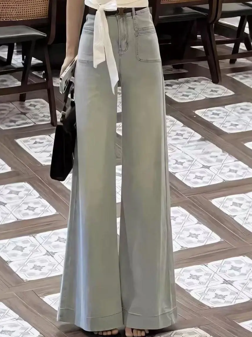 

Легкие широкие брюки длиной до пола, свободные женские джинсы для похудения, универсальные драпированные брюки-колокольчики, модный хлопок с высокой талией