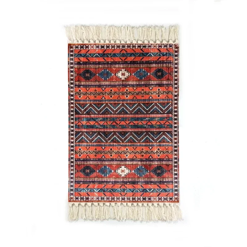 

Persian Style Hand-Knotted Floor Mat With Tassels Retro Ethnic Geometric Printed Area Rugs Kitchen Bedroom Bath Non-Slip Carpet