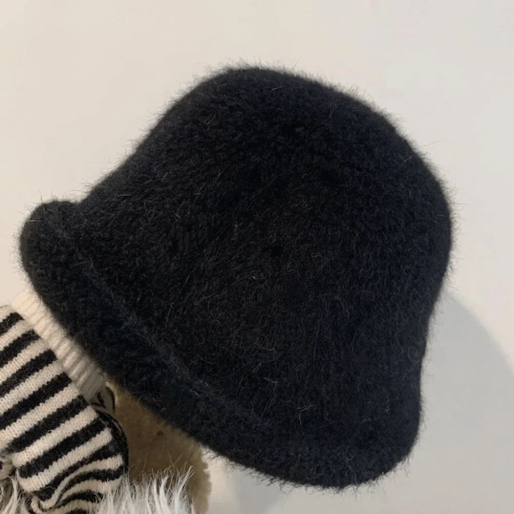 Rabbit Fur Blend Warm Winter Bucket Hat Face Slimming Polyester Fuzzy Fisherman Hat 54cm To 59cm Head Circumference