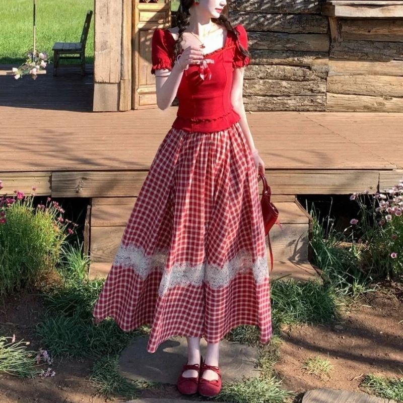 

French Vintage 2 Piece Set Square Neck Lace Puff Sleeve Bow Blouse Red Gingham High Waist Lace Hem Midi Skirt Women Daily Party
