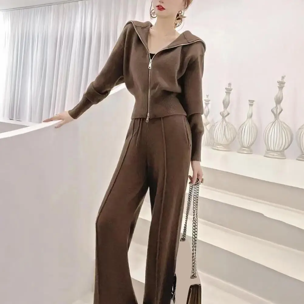 Autumn Winter  Women Outfits Long Sleeve Zip-up Top 2 Piece Set High Waisted Wide Leg Pants Set Slim Casual Lounge Tracksuit
