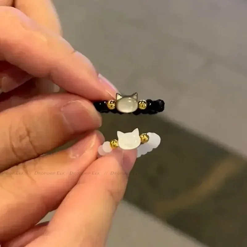 Кольца из натурального лунного камня с обсидианом, бусины, кольцо ручной работы, милое черно-белое кольцо с котом, женские аксессуары для вечеринок, ювелирные изделия