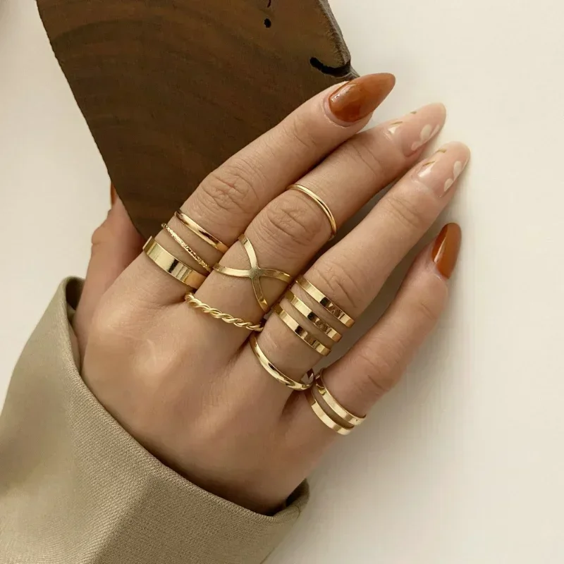 Anillo dorado bohemio creativo Retro Simple multicapa apertura cruzada anillo conjunto joyería para mujer anillo geométrico